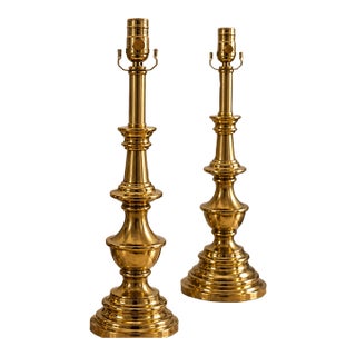 Vintage Hollywood Regency Stiffel Solid Brass Tall Table Lamps – a Pair For Sale