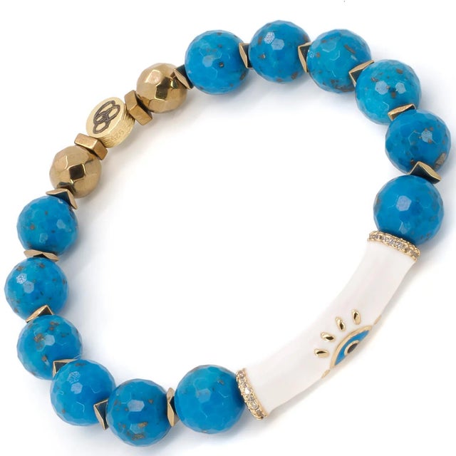 Asian Evil Eye Design Turquoise Stone Calming Beaded Bracelet For Sale - Image 3 of 8
