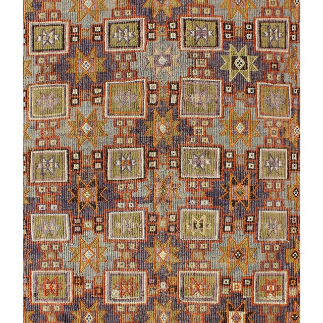 Traditional Mid 20th Century Grayish Blue Background Geometric Turkish Vintage Kilim Mid-Century Rug For Sale - Image 3 of 9