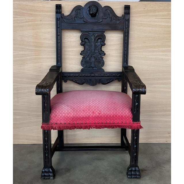 19th Spanish Colonial Altar Carved Armchair with Red Velvet Seat and Carved Back For Sale - Image 16 of 18