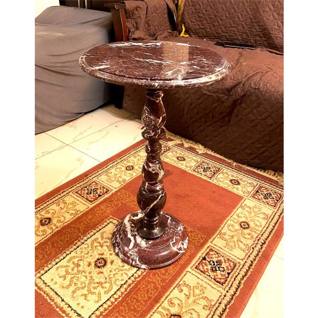 Red Marble Pedestal Side Table | Handcrafted Round Accent Table | Elegant Stone End Table For Sale In New York - Image 6 of 7
