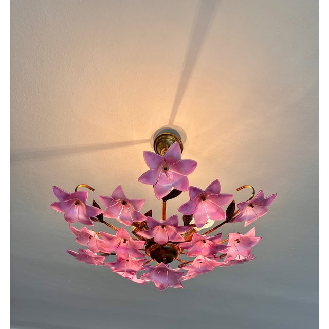 1980s Italian Style Pink Floral Crystal Flush Mount Chandelier, 3-Light For Sale - Image 15 of 17