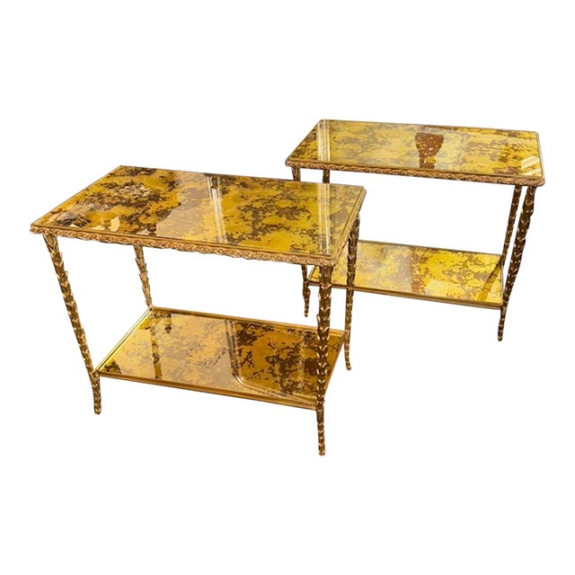 Nice Pair of Italian Bagues Manner Gilt Bronze Side Tables For Sale
