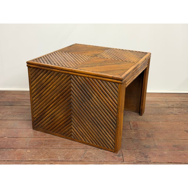 Faux split reed Parson style end table. Circa 1970-80. Solid wood construction made to look like split reed or bamboo and...