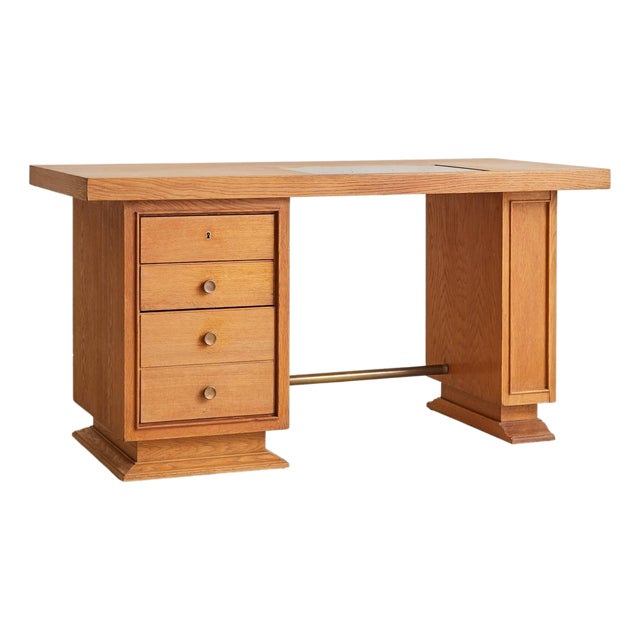 French Oak Architect’s Desk with Inset Glass Top, 1950s For Sale