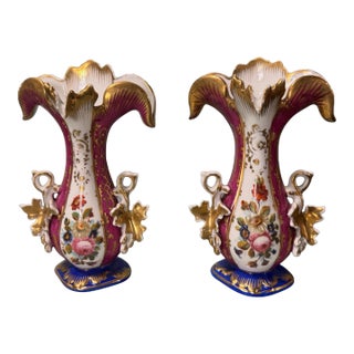 Pair of Antique Old Paris Porcelain Floral & Gilt Decorated Handled 7.5" Spill Vases For Sale
