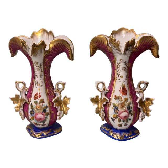 Pair of Antique Old Paris Porcelain Floral & Gilt Decorated Handled 7.5" Spill Vases For Sale