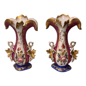 Pair of Antique Old Paris Porcelain Floral & Gilt Decorated Handled 7.5" Spill Vases