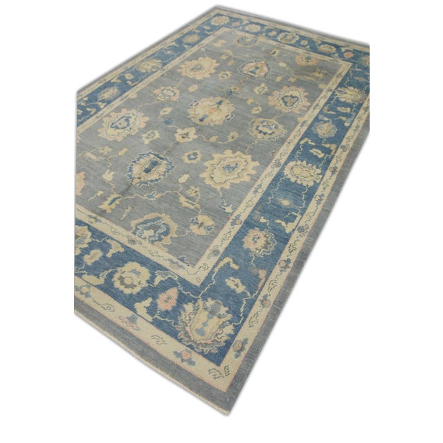 Early 21st Century Gray & Blue Handmade Turkish Oushak Rug 6'2" X 9'11" For Sale - Image 5 of 7