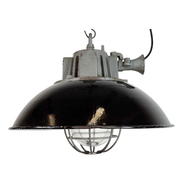 Black Enamel and Cast Iron Industrial Cage Pendant Light from Elektrosvit, 1960s For Sale