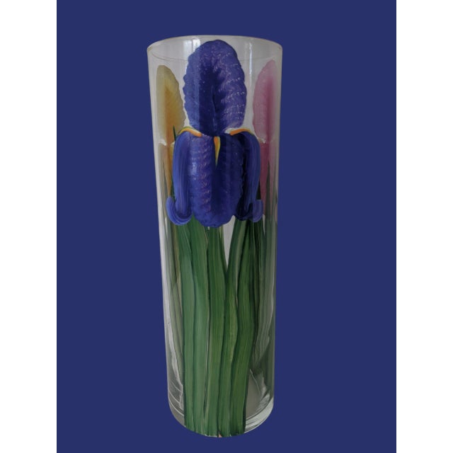 Vintage Original Hand Painted Botanical Iris Flower Glass Vase Signed For Sale - Image 16 of 17