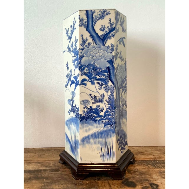Vintage Asian Blossom Blue and White Umbrella Stand For Sale In West Palm - Image 6 of 12