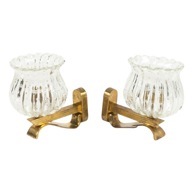 Mid-Century Sconces in Glass and Brass in the style of Barovier and Toso, Italy, 1960s, Set of 2 For Sale