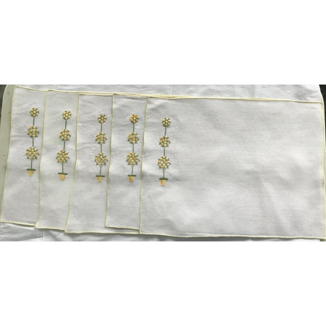 Vintage Lemon Topiary Tree Embroidered Linen Placemats, Set of 5 For Sale - Image 9 of 9