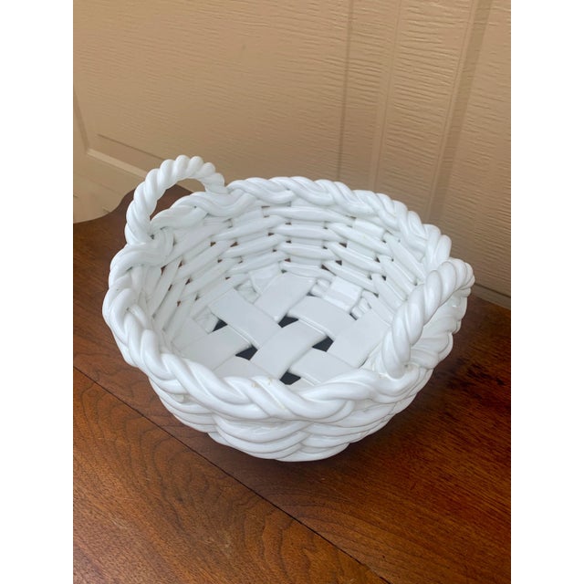French Provincial 1980s Italian White Ceramic Trompe L’Oeil Woven Basket Cachepot For Sale - Image 3 of 12