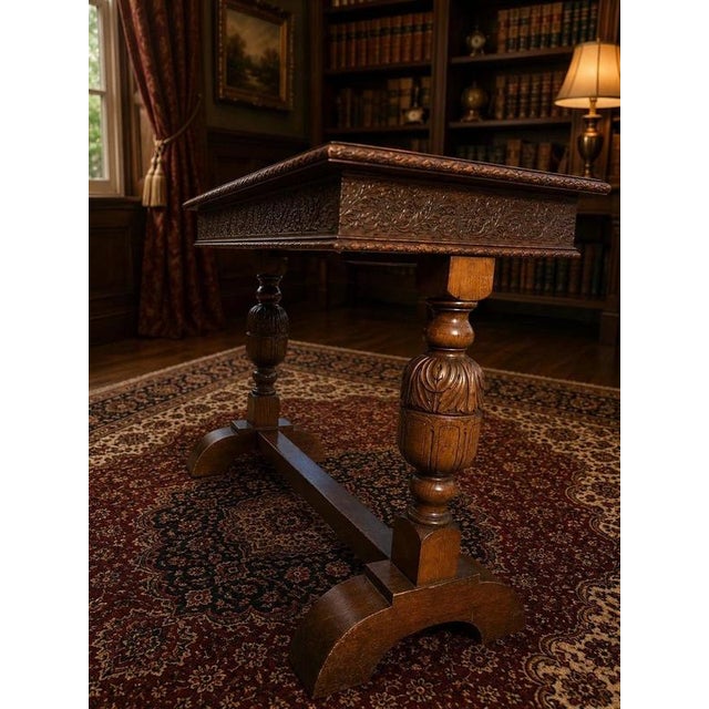 Antique Carved Oak Beauchief Baptist Church Memorial Refectory Table, 1936 For Sale - Image 3 of 12
