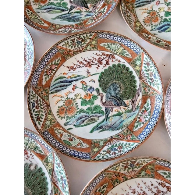 Late 19th Century Chinese Kangxi Style Famille Verte Peacock Porcelain Plates – Set of 7 For Sale - Image 4 of 13