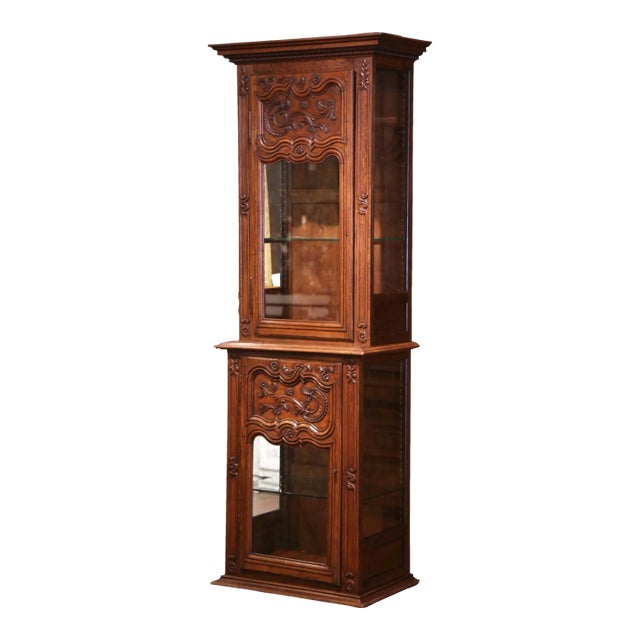 19th Century French Louis XIV Carved Oak and Glass Display Cabinet From Normandy For Sale
