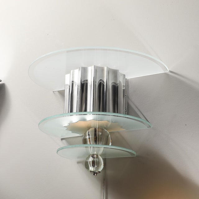 Metal Art Deco Skyscraper Style Three-Tier Frosted Glass and Polished Aluminum Sconces For Sale - Image 7 of 12