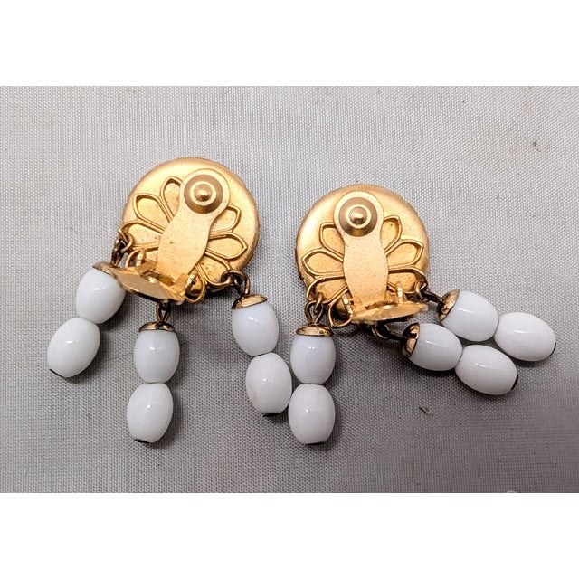 Metal Vintage 1960s Signed Napier Goldtone Carved White Faux-Jade Top With Beaded Dangles Clip Earrings-2 Pieces For Sale - Image 7 of 7