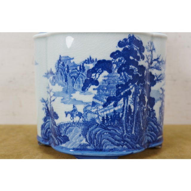 Chinese Chinoiserie Blue & White Pagoda Mountain Landscape Tea Caddy 11" For Sale - Image 9 of 16
