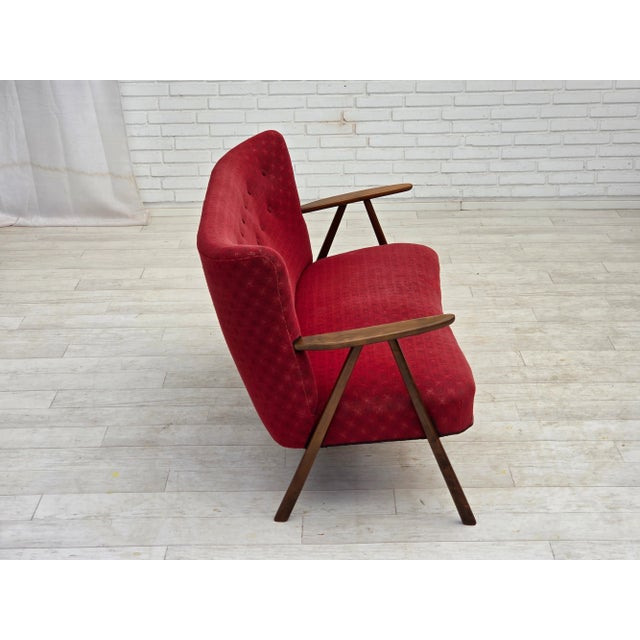 Danish 2-Seater Sofa in Red Fabric with Beech Legs and Armrests, 1960s For Sale - Image 10 of 17
