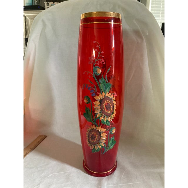 Vintage Norleans Red Hand Painted Cylinder Glass Vase Sunflower Floral Italy 22k Gold Accent For Sale - Image 13 of 13