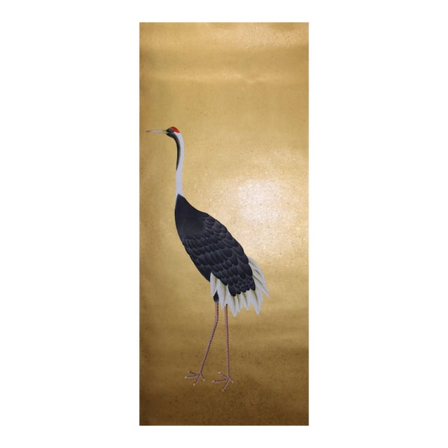 Hand Painted Golden Crane Scenic Wallpaper Mural – Luxury Metallic Gold Leaf Wallcovering For Sale