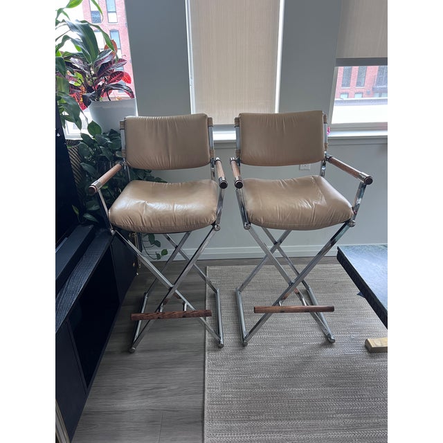 1970s Milo Baughman Style Chrome Directors Chair Bar Stools a Pair