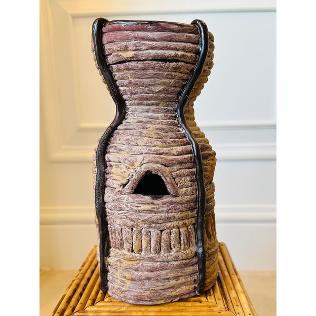 Terra Cotta Vintage Signed Coiled Terracotta Vase With Piercings and Glazed Brown Accents For Sale - Image 8 of 13