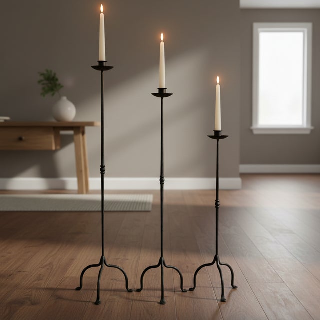 Rustic Hand Forged Iron Candelabra Set of 3 (94-114cm) Antique Copper Finish Twisted Stem with Simple Tripod Base For Sale - Image 3 of 6