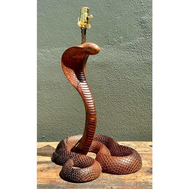 Vintage Hand Carved Wood Cobra Lamp For Sale In West Palm - Image 6 of 12