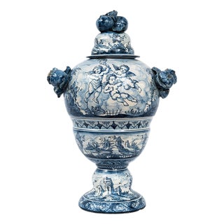 Antique 19th Century Glazed Majolica Vase with Lid, Albisola For Sale