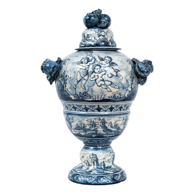 Antique 19th Century Lidded Vase in Glazed Maiolica, Albisola For Sale