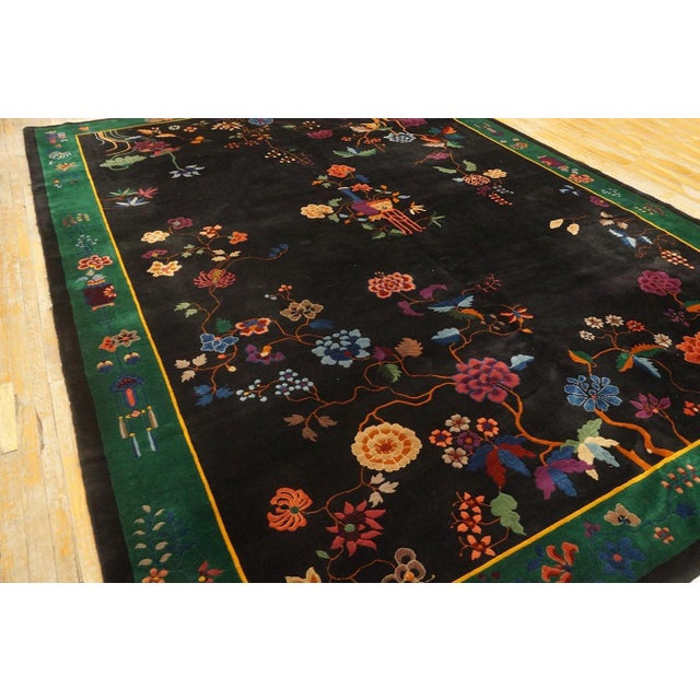 Art Deco A Colorful Floral Design in a Blackground Color Antique Chinese Art Deco Rug For Sale - Image 3 of 12