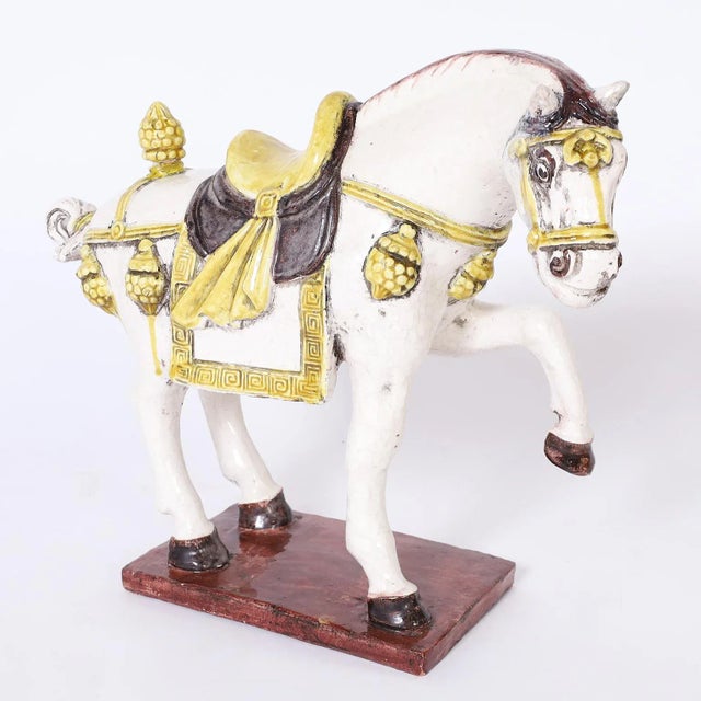 Cream Glazed Terra Cotta Prancing Horse For Sale - Image 8 of 8