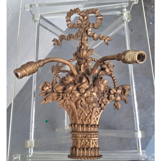 19thc XL French Louis XVI Bronze 2 Light Floral Basket Wall Sconce For Sale - Image 18 of 18