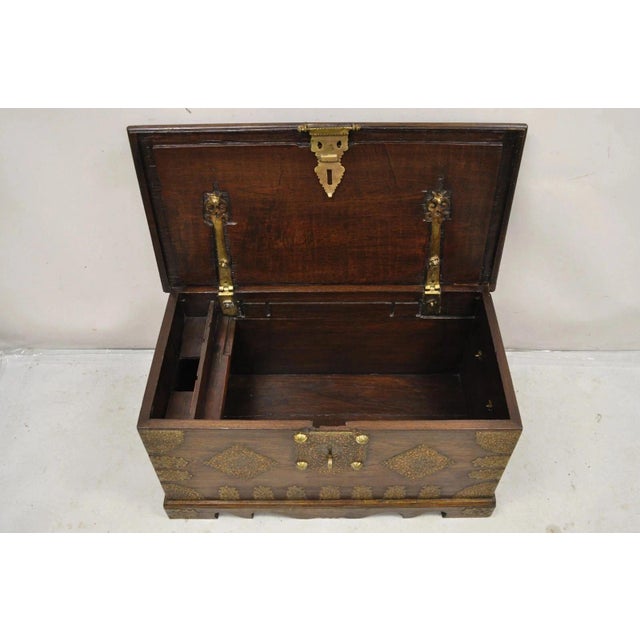 Brown Antique Anglo Indian Oak Wood & Brass Mounted Coffer Blanket Chest Trunk For Sale - Image 8 of 16