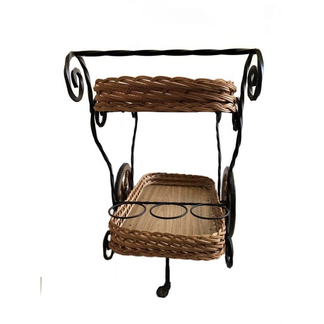 Mid Century Modern 1950s Wicker Iron Two Tier Rolling Bar Cart For Sale - Image 4 of 9