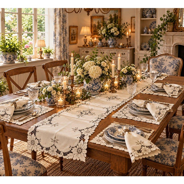 Vintage Madeira Style Embroidered Linen Table Set 5 For Sale - Image 10 of 10