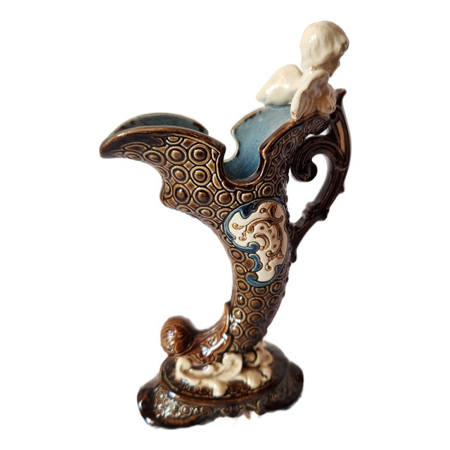 Small Austrian Bodenbach Majolica Horn Vase with Cherub Bust from Gerbing & Stephan, Late 1800s For Sale