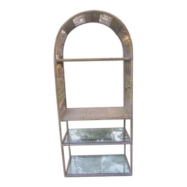 1980s Vintage Wicker Rattan Entertainment Center Three Glass Shelf One