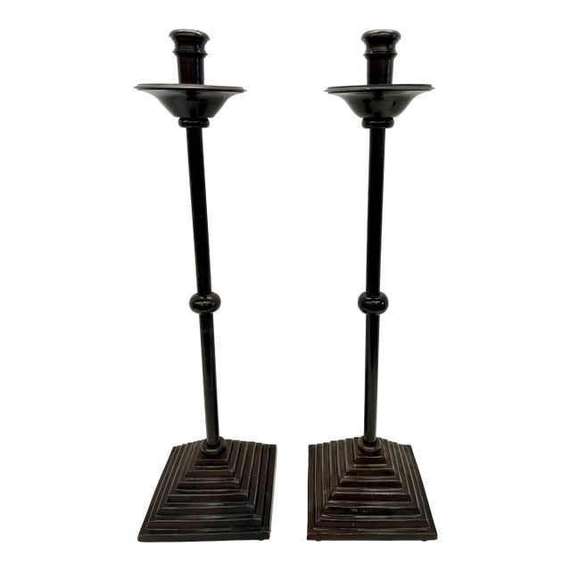 1980s Pair of Maitland Smith Sculptural Bronzed Iron Candlestick Holders For Sale