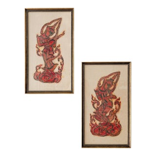 Pair of Red Framed Thai Rubbing-Style Wall Art For Sale
