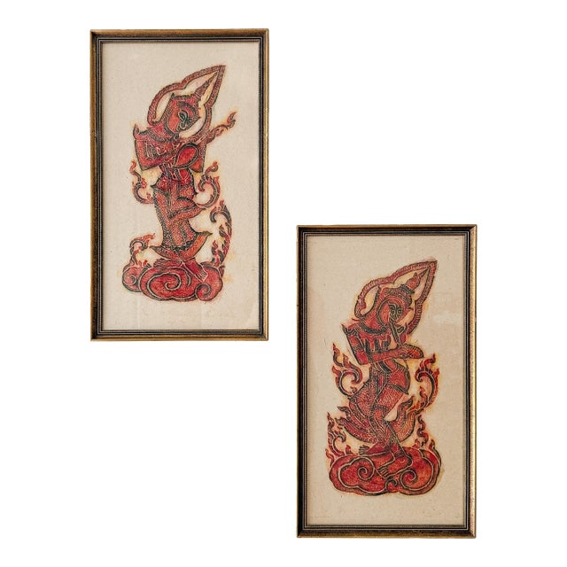 Pair of Red Framed Thai Rubbing-Style Wall Art For Sale