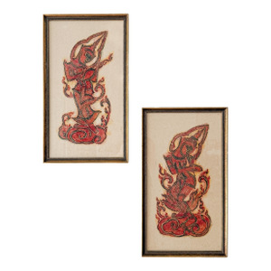 Pair of Red Framed Thai Rubbing-Style Wall Art