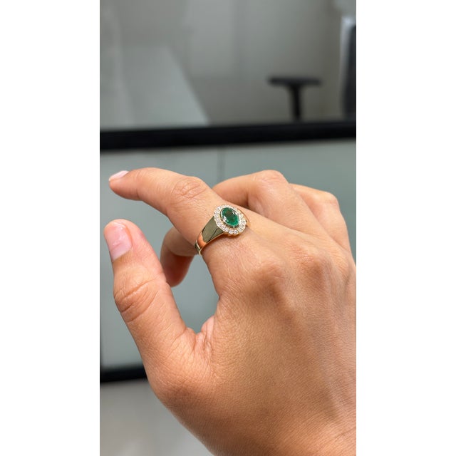 Not Yet Made - Made To Order Vintage-Inspired Oval Emerald Diamond Halo Signet Ring Size 6 in 14k Yellow Gold For Sale - Image 5 of 17