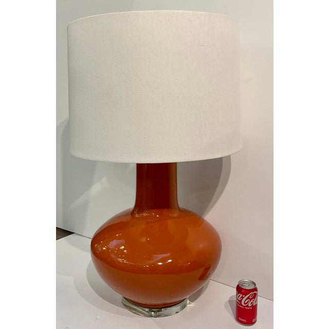 Timeless Mid-Century Modern Style Large Orange Glaze Table Lamps Pair, white fabric shades, acrylic bases, showroom floor...