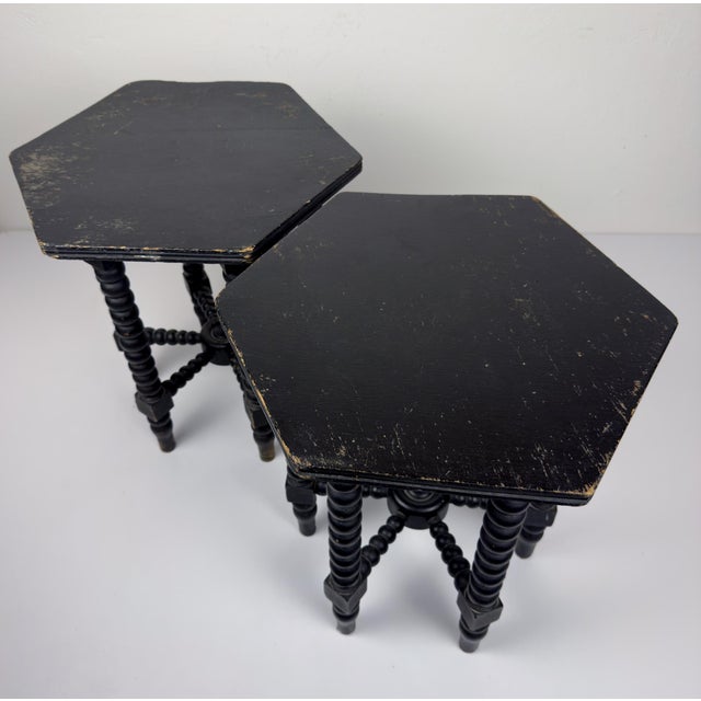 Wood Small Antique Early 20th Century Hexagonal Walnut Side Tables with Turned Bobbin Legs, Italy, Set of 2 For Sale - Image 7 of 18