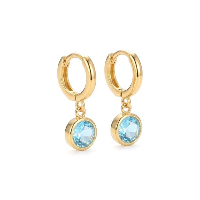 Contemporary Natural Blue Topaz Hoop Earrings, Dainty Drop Minimalist Silver Hoops, December Birthstone Jewelry, A Pair For Sale - Image 3 of 5